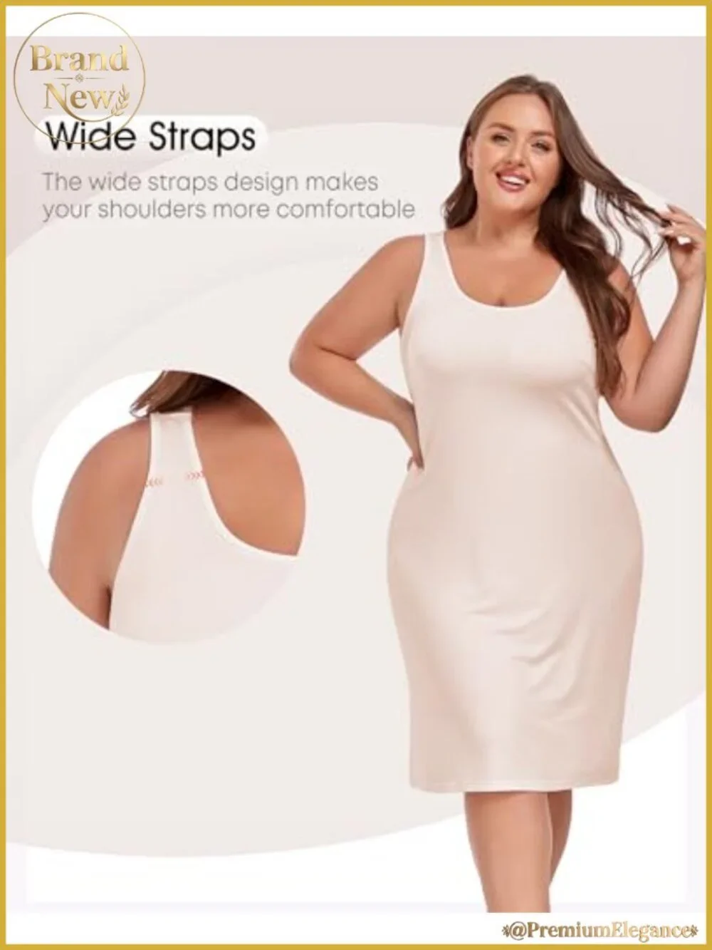Plus Size Full Slip for Women Under Dress, Wide Straps, U-Neck, Long Slip Dress